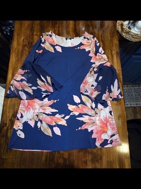 MSK Navy Blue Floral Bell Sleeve Shift Dress SZ 2XL Style 29965 Spring Feminine